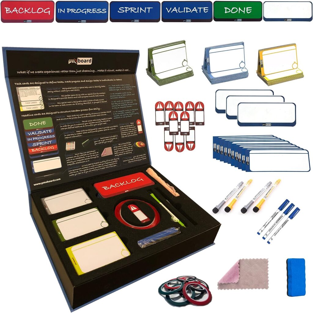 Agile Management Set Plus, Scrum Board, Kanban Board Full Agile Kit for Project Management. Magnetic Scrum Cards and Kanban Cards Set - Agile Project and Program Management Full Tool Set, 156 Pieces